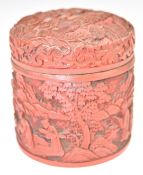 19thC Chinese circular cinnabar lacquer pot with village scenes, height 9.5cm, diameter 9cm