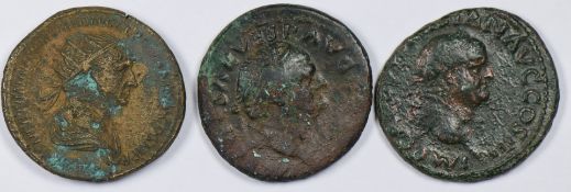 Roman Imperial, two Vespasian copper AS coins, together with a Trajan AE Dupondius