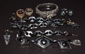 Victorian carved jet bangle in the form of a harp and acorns set with two pearls and paste, two