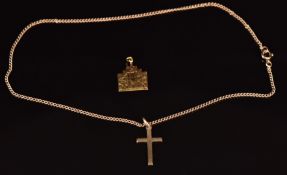 A 9ct gold cross pendant on 9ct gold chain (3.1g) and an 18ct gold pendant 1.3g, 36cm long