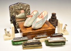 Indian bronze deity, pair of painted metal dog bookends, cast iron John Bull money box, wooden