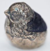 Edward VII hallmarked silver large size novelty pin cushion formed as a chick emerging from an