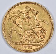 1876 Queen Victoria young head gold full sovereign, Melbourne mint