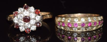 Two 9ct gold rings, one set with garnets and paste the other with synthetic rubies and spinel, 5.1g,