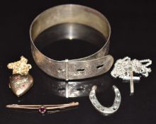 A silver bangle, silver cross and chain, 9ct gold back and front locket, 9ct gold chain (0.9g),
