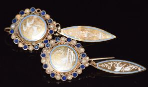 A pair of 18th/ 19thC gold earrings set with enamel depicting scenes of doves and urns set with