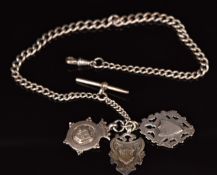 A silver Albert / watch chain with three fobs, 52.9g, 40cm long