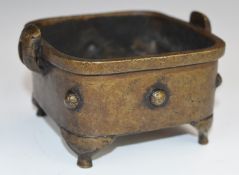 Chinese bronze twin handled censer with seal mark to base, W11 x D10 x H7cm