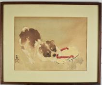 Japanese watercolour study of a dog playing, signed to left hand side, 32 x 43cm, in wooden frame