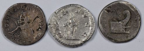Roman Imperial three XAR Denarius coins, comprising Julia Domna Vespasian, prow of galley,