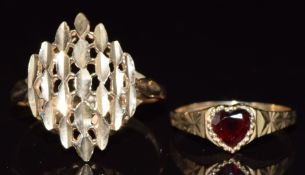 A 9ct gold ring with marquise shaped design (1.9g, size P) and a 9ct gold ring set with a heart