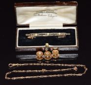 Three 18ct gold studs, two set with diamonds (4.1g), a 9ct gold brooch set with three pearls in