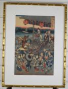 Utagawa Hiroshige (1797-1858) Japanese woodblock print of a lively village scene with ferry, 35 x