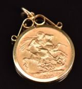 Edward VII 1910 gold full sovereign in 9ct gold pendant mount, 9.4g