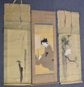 Three 19th/20thC Chinese / Japanese scroll paintings of a lady and birds, largest 177 x 56cm