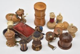 Collection of mainly 19thC sewing tape measures, Tunbridgeware with Edmund Nye label, turned wood