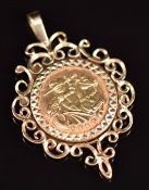 Elizabeth II 2005 gold half sovereign in 9ct gold pendant mount, 7.1g