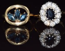 A 9ct gold ring set with a sapphire and cubic zirconia and a 9ct gold ring set with sapphires, 6.2g,