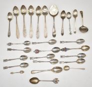 Hallmarked silver, 800 grade and sterling silver spoons including souvenir examples, some sets,