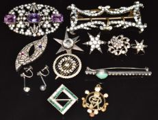 A collection of Victorian and Art Deco paste set items including foiled earrings, buckle, silver