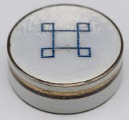 Russian silver and white guilloché enamel trinket box with blue geometric decoration to lid, with 84