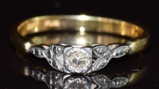 Art Deco 18ct gold ring set with a diamond in a platinum setting, 2.3g, size M