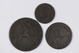1786 George III Isle of Man penny, VF, together with a halfpenny, VF, and an 1806 Irish farthing F