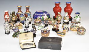 Large collection of Chinese cinnabar lacquer and cloisonné ware etc, tallest 15cm