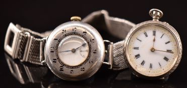 Unnamed silver half hunter wristwatch with subsidiary seconds dial, blued hands, black Arabic