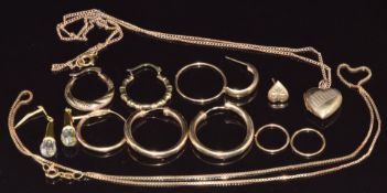 A 14ct gold chain (1.9g 41cm), two pairs of 9ct gold earrings, single 9ct gold earrings and a 9ct