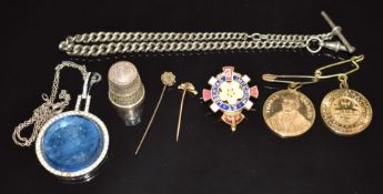 A silver Albert, Art Deco necklace, silver thimble, 9ct gold stick pin set with a ruby, etc