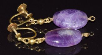 A pair of 9ct gold earrings set with an amethyst bead to each, 5.3g