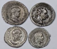 Roman Imperial four silver coins comprising two antoninianus of Trajon Decius and Balbinus, together