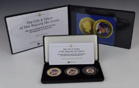 Heirloom Coins 'The Life and Times of Her Majesty the Queen' set of three gold plated silver proof