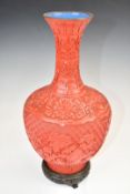 Chinese cinnabar lacquer vase on hardwood stand, H35cm