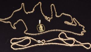 Two 9ct gold necklaces and a 9ct gold St Christopher, 41cm and 57cm long, 8g