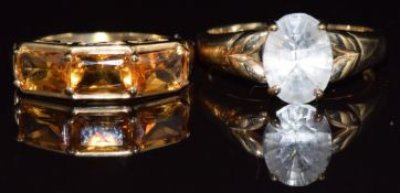 Two 9ct gold rings, one set with a glacier topaz and the other citrines, 4.8g, size N