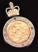 George V 1926 gold half sovereign with South Africa mint mark, in 9ct gold mount with amethysts