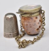 A shell thimble holder and thimble, to suit chatelaine or similar sewing set, height including chain