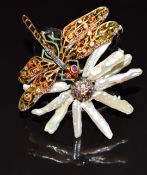 Butler & Wilson silver bangle in the form of a dragonfly and flower set with freshwater pearls,