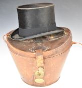 Vintage Austin Reed silk top hat, in leather case with brass clasp