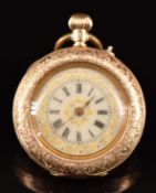 Unnamed 14ct gold ladies keyless winding open faced pocket watch with gold hands, black Roman