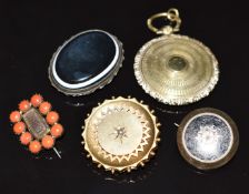 Victorian silver brooch set with agate, Victorian gold plated brooch set with a pearl, yellow
