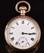Oreba gold plated keyless winding open faced pocket watch with inset subsidiary dial, blued hands,