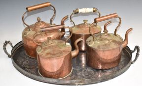 Large silver plated twin handled tray, length 68.5cm and four 19thC copper teapots, one 'The
