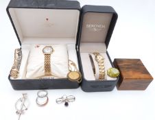 A 9ct gold watch, silver brooch by Charles Horner, silver ring, Sekonda and Raymond Weil watches