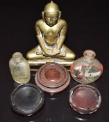 19th/20thC brass Buddha, H11.5cm, reverse painted snuff bottles etc