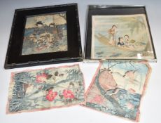 Four Japanese watercolours/woodblocks, two framed, largest 28 x 32cm