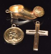 A 9ct gold cross pendant, 9ct gold St Christopher, and a 9ct gold shoe pendant, 4.9g
