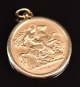 Edward VII 1909 gold half sovereign in 9ct gold pendant mount, 4.8g